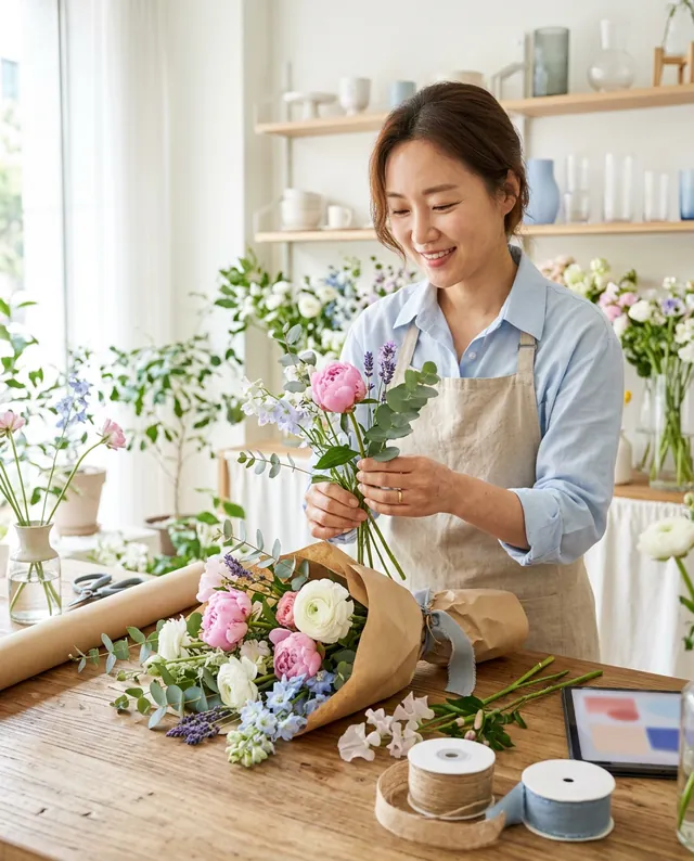 꽃집 작업대 위 오늘의 꽃